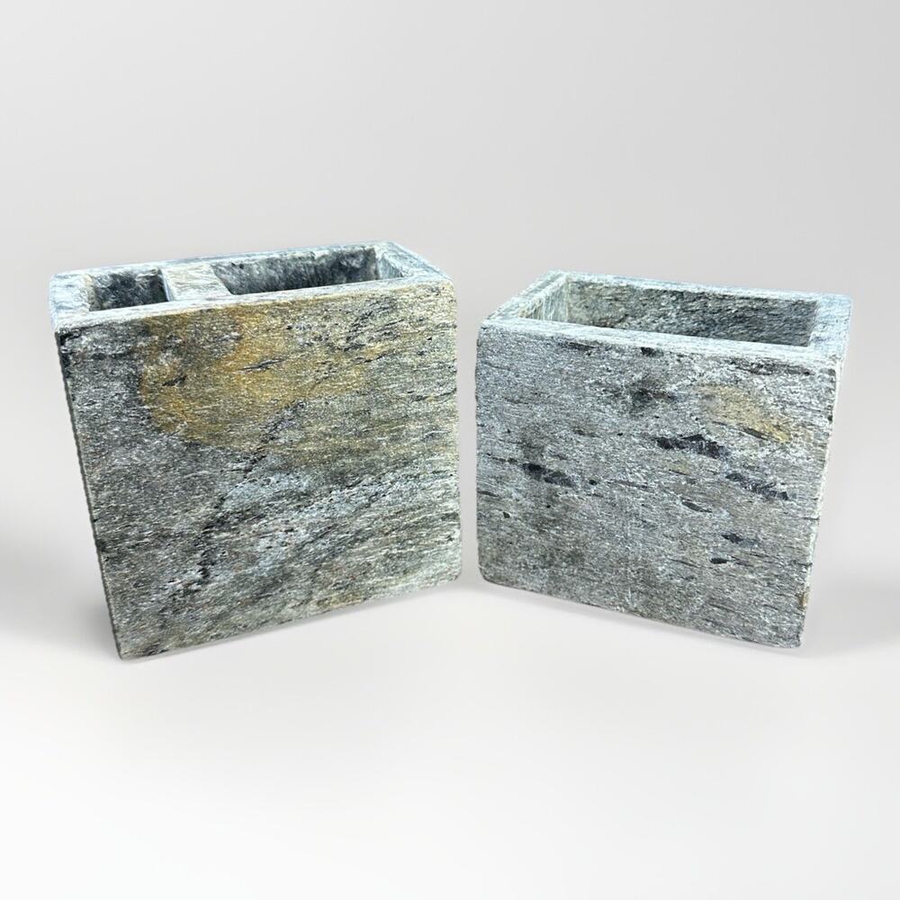 Natural Stone Toothbrush Holder Set 2 Gray Marble Bath Cup Organizer Spa